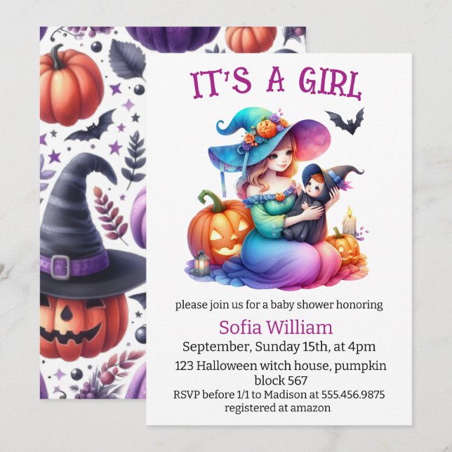 Invitation Douche pour bébé en sorcière d'Halloween (Devant / Derrière)