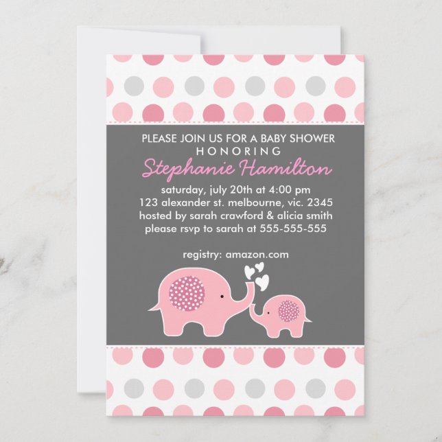Invitation Douche pour bébé pois à éléphant personnalisé (Devant)