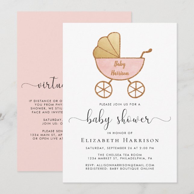 Invitation Douche pour bébés avec option virtuelle rose (Devant / Derrière)