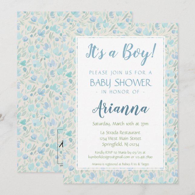 Invitation Douche pour bébés florale verte et bleue (Devant / Derrière)