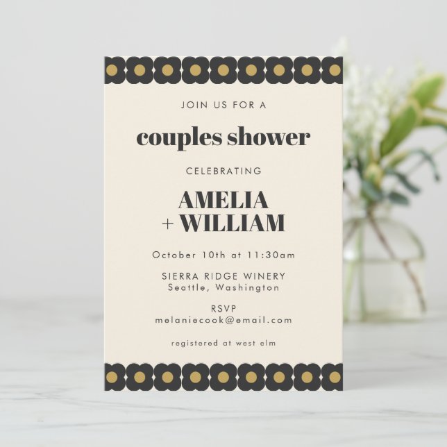 Invitation Douche Retro Gras Noir et Or Floral Couples (Debout devant)