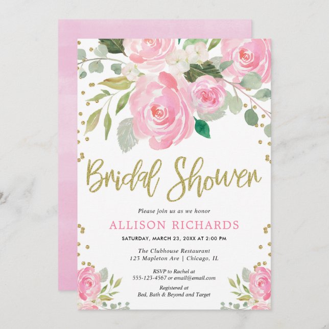 Invitation Douche rose rose et dorée (Devant / Derrière)