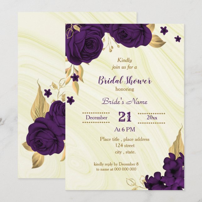 Invitation douche royale violette dorée (Devant / Derrière)