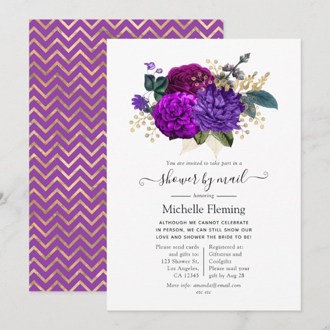 Invitation Douche royale violette et or florale par courrier (Devant / Derrière)