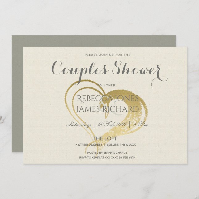 INVITATION DOUCHE SIMPLE GOLD HEART TYPOGRAPHY COUPLES DOUCHE (Devant / Derrière)