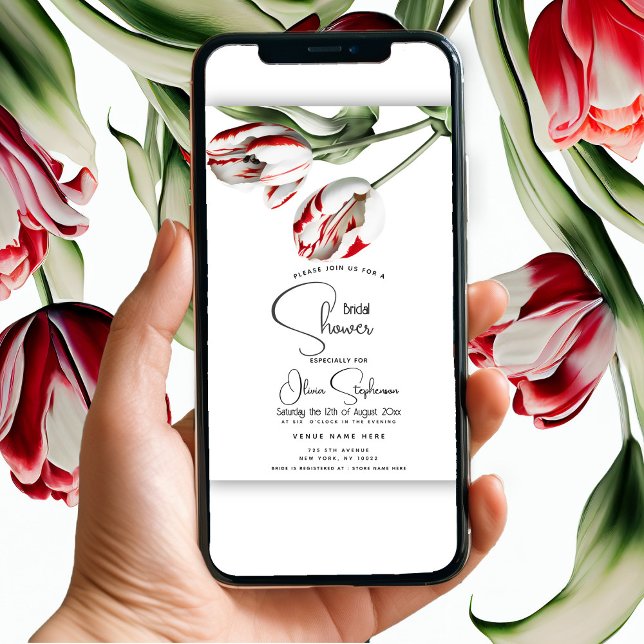 Invitation Douche | Tulipes Rembrandt blanches et rouges flor (Invite the girls to a bridal shower economically  with   a text, using our digital down option. )