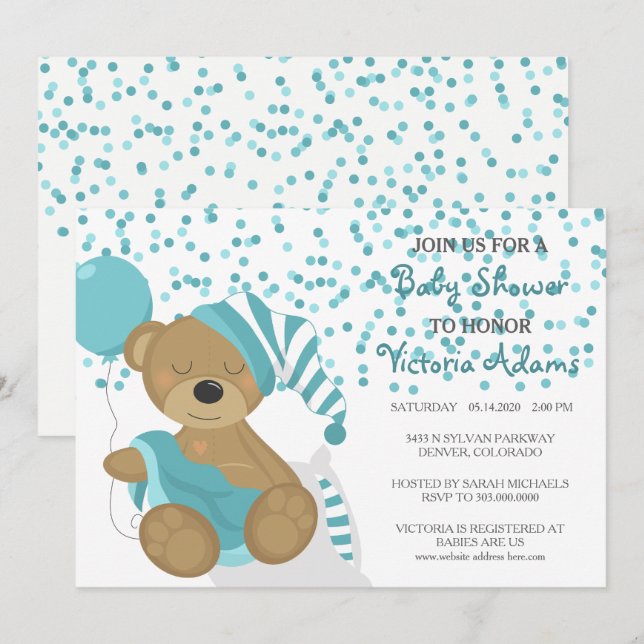 Invitation Douche turquoise d'ours de bébé de confettis (Devant / Derrière)