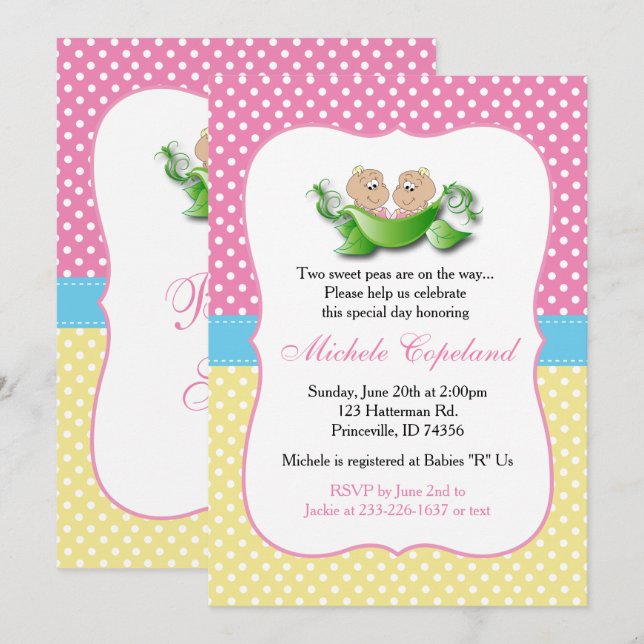Invitation Douche Twin Baby Girl - Deux Pois Dans Une Poitrin (Devant / Derrière)