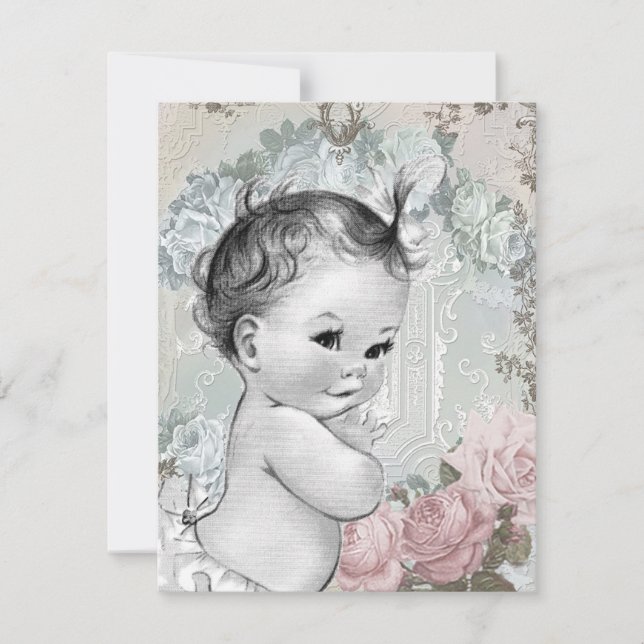 Invitation Douche vintage pour bébé rose et gris (Devant)
