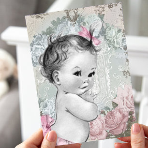 Invitation Douche vintage pour bébé rose et gris