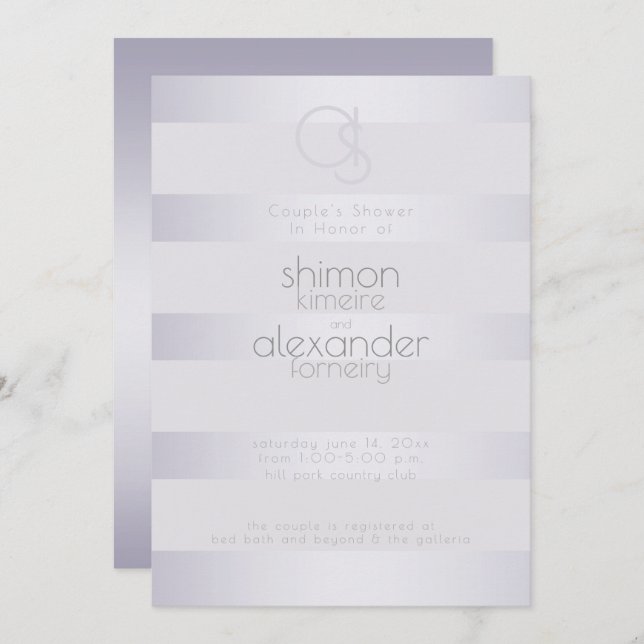 Invitation Douche | Violet Argent Stripes Monogramme (Devant / Derrière)