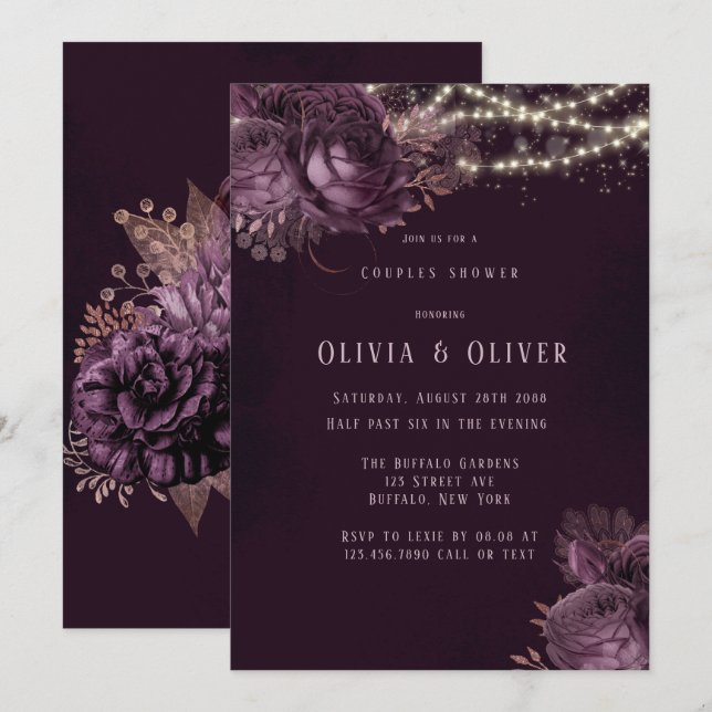 Invitation Douche violet et Rose Gold Peony Couples (Devant / Derrière)