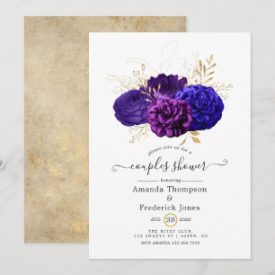 Invitation Douche violette, Royal Blue & Gold Floral Couples