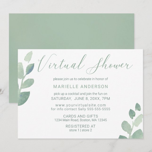 Invitation Douche virtuelle Eucalyptus Aquarelle Verdure (Devant / Derrière)