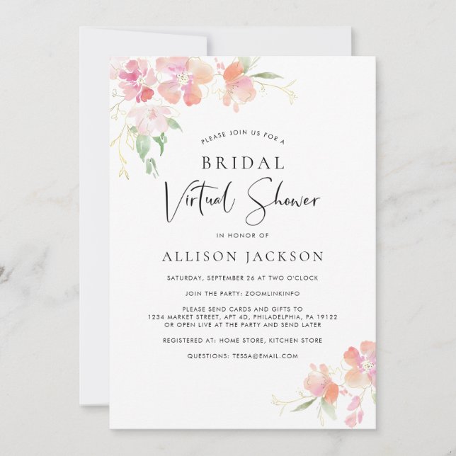Invitation Douche virtuelle nuptiale couleur or rose (Devant)