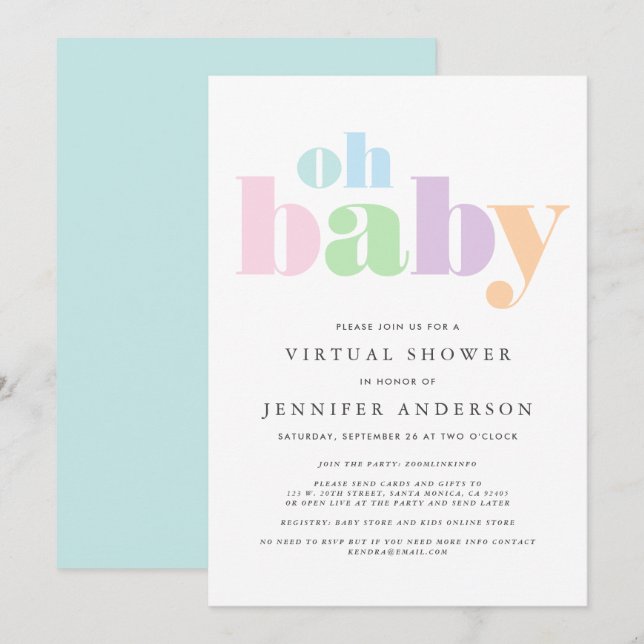 Invitation Douche virtuelle | Oh Baby Pastel Minimal Moderne (Devant / Derrière)