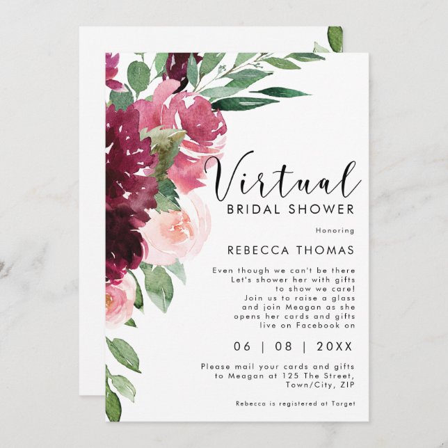 Invitation douche virtuelle par le courrier florals douche nu (Devant / Derrière)