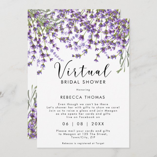 Invitation douche virtuelle par mail lavender nuptiale (Devant / Derrière)