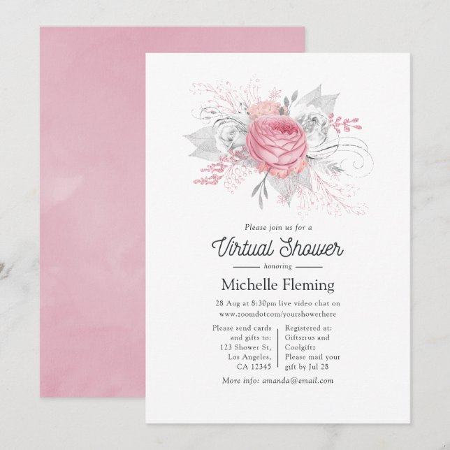 Invitation Douche virtuelle rose, argent et blanc Floral (Devant / Derrière)