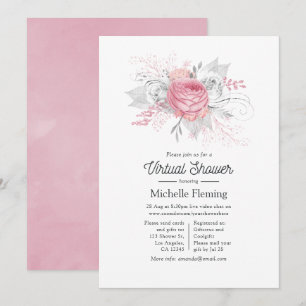 Invitation Douche virtuelle rose, argent et blanc Floral