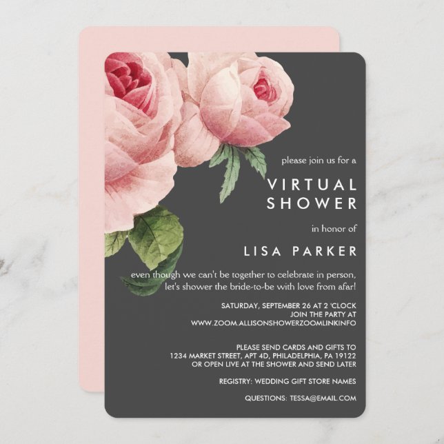 Invitation Douche virtuelle rose vintage (Devant / Derrière)