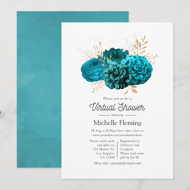 Invitation Douche virtuelle Turquoise et Gold Floral (Devant / Derrière)
