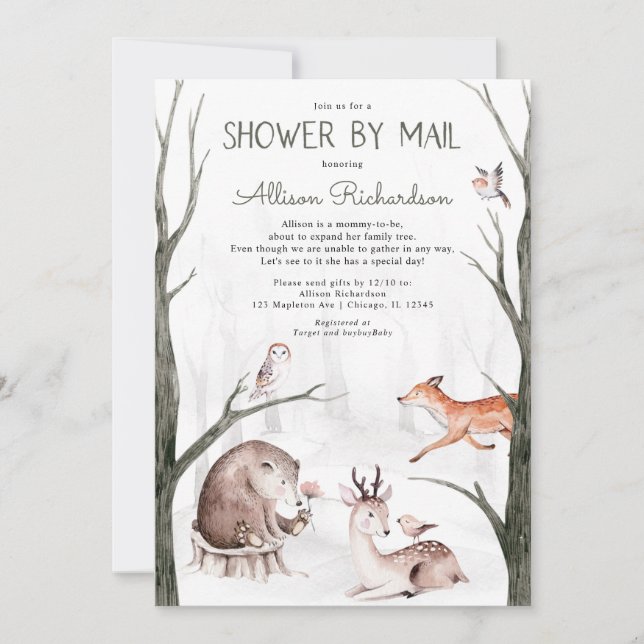 Invitation Douche Woodland par mail forêt amis baby shower (Devant)