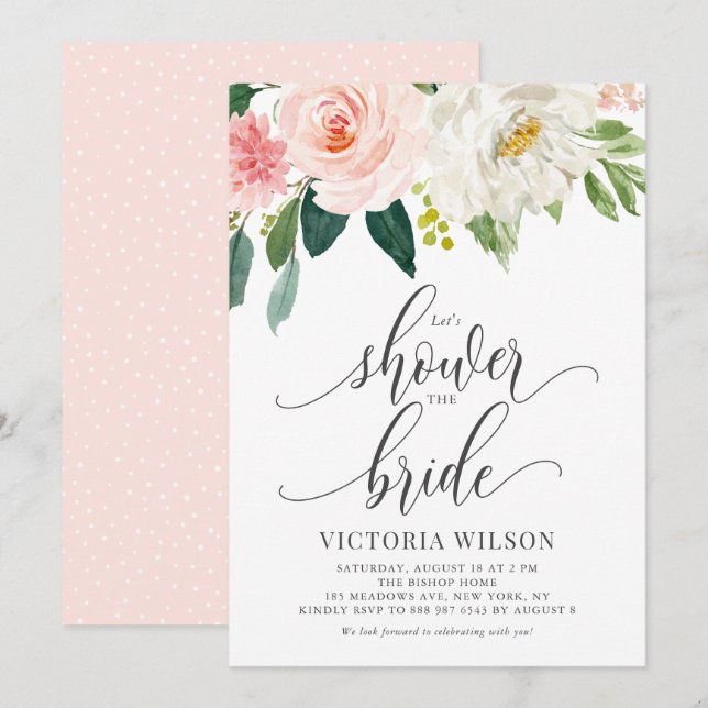 Invitation Douchons la mariée Blush Floral Fête des mariées (Devant / Derrière)
