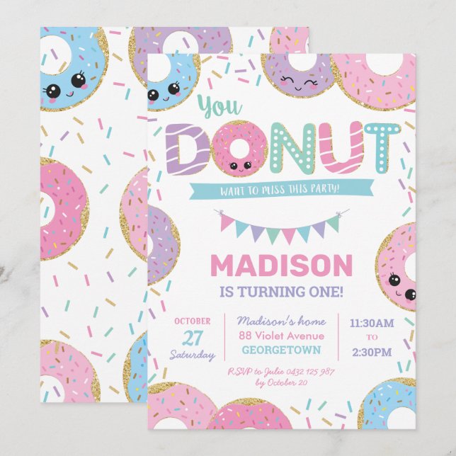 Invitation Doughnut mignonne arroses fête d'anniversaire (Devant / Derrière)