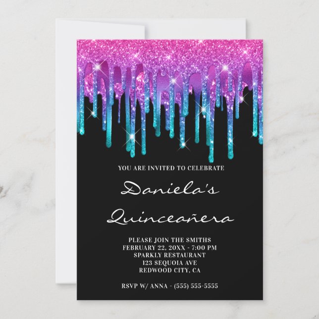 Invitation Douille Turquoise brillante rose brillant noire Qu (Devant)