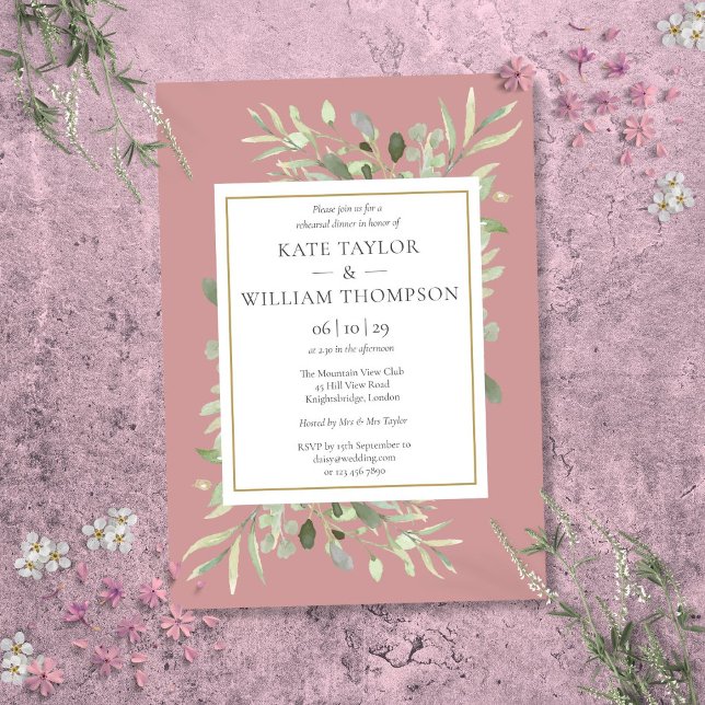 Invitation Douteuse Rose Aquarelle Verdure Dîner de répétitio (Dusty Rose Watercolor Greenery Rehearsal Dinner Invitation)