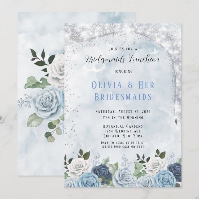 Invitation Douteux Aquarelle Bleue Floral Bridesmaiers Déjeun (Devant / Derrière)