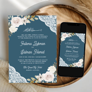 Invitation Douteux bleu blanc Roses dentelle Mariage musulman