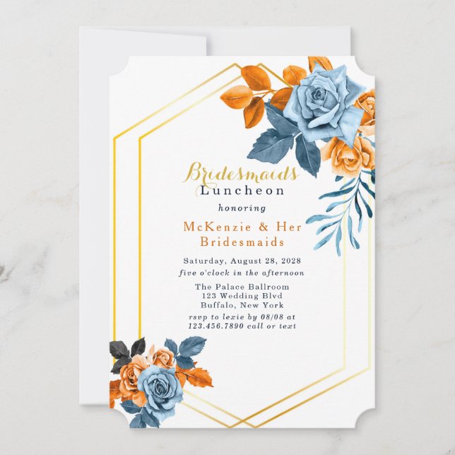 Invitation Douteux Bleu et Rusty Peony Floral Bridesmaids Déj (Devant)
