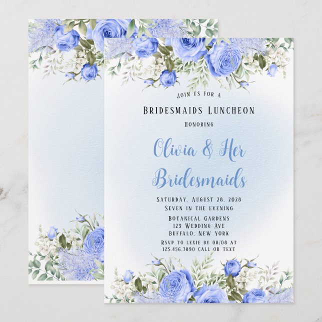 Invitation Douteux Bleu Peony Blossom Bridesservantes Déjeune (Devant / Derrière)