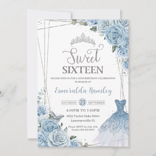 Invitation Doux 16 Anniversaire Bleu Floral Rose robe (Devant)