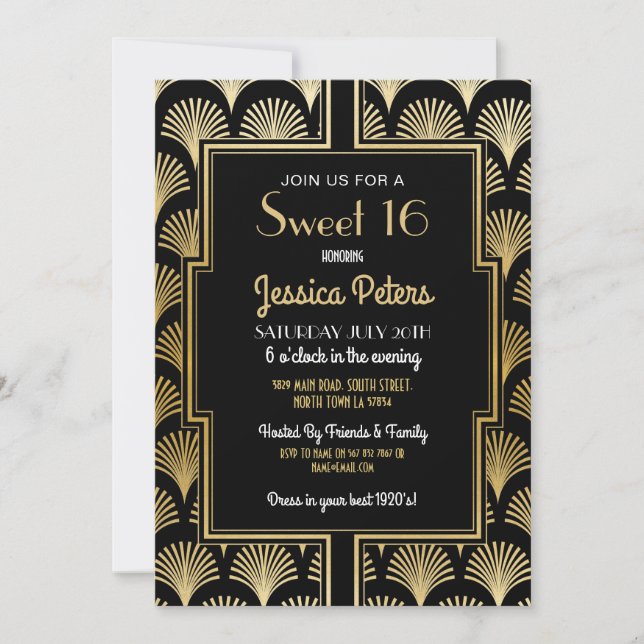 Invitation Doux 16 Anniversaire Gatsby Art Déco Gold 16e (Devant)
