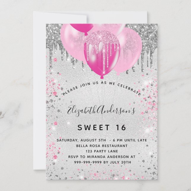 Invitation Doux 16 ans argent rose parties scintillant poussi (Devant)