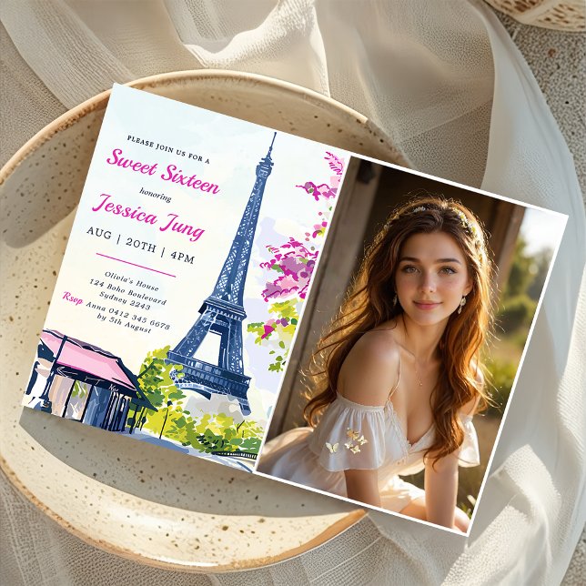 Invitation Doux 16 Aquarelle d'anniversaire Floral Eiffel Pho (Créateur téléchargé)
