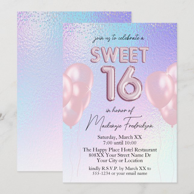Invitation Doux 16 Ballons roses sur dégradé holographique (Devant / Derrière)