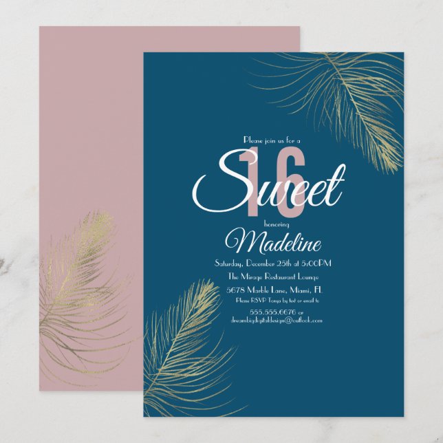 Invitation Doux 16 Elégant Blush Pink Bleu Or Plumes (Devant / Derrière)