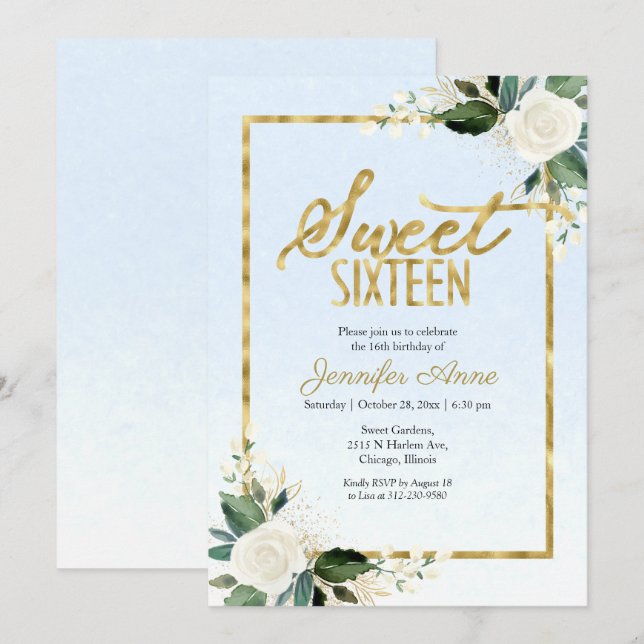 Invitation Doux 16 Floral Blanc Sur Bleu Dusty (Devant / Derrière)