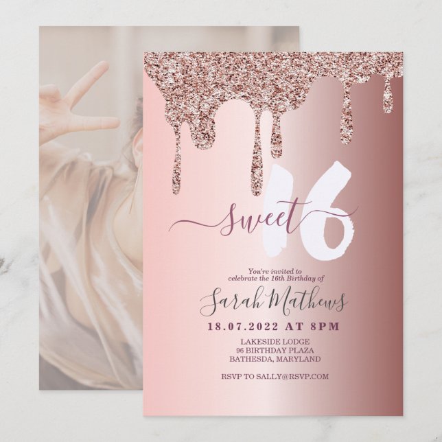Invitation Doux 16 Parties scintillant Rose Gold Birthday (Devant / Derrière)