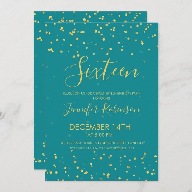 Invitation Doux 16 points Gold Foil Turquoise pour la fête d' (Devant / Derrière)