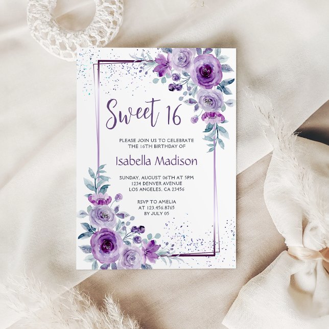 Invitation Doux 16 Rose d'aquarelle violet cadre Floral (Sweet 16 Watercolor Rose Purple Frame Floral Invitation
)