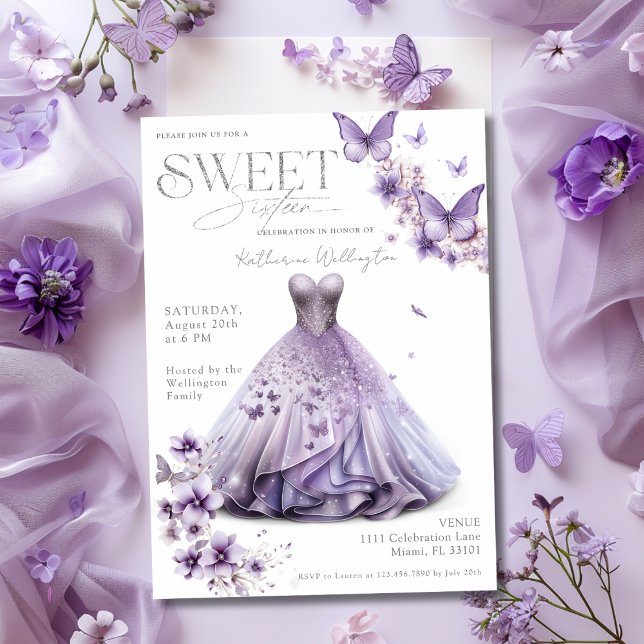 Invitation Doux 16 Seize Papillons Floraux Lilac Violet (Sweet 16 Sixteen Purple Lilac Floral Butterflies Invitation)