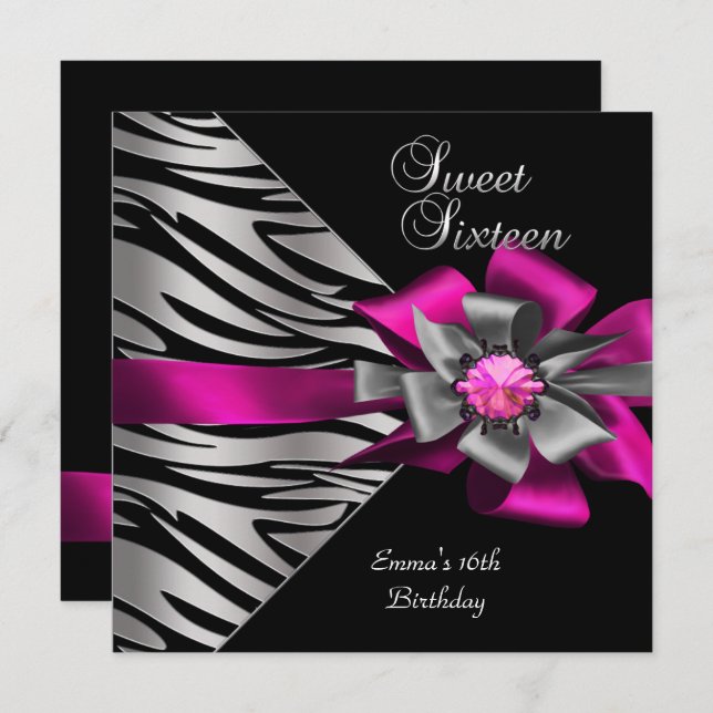 Invitation Doux 16 Seize Rose Silver Zebra Black Grey Bow (Devant / Derrière)