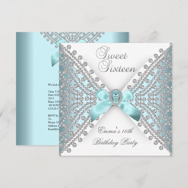 Invitation Doux 16 Seize Turquoise bleu argenté blanc diamant (Devant / Derrière)