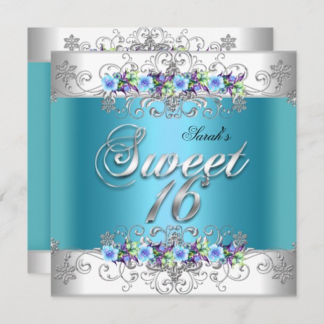 Invitation Doux 16 Sweets sixteens Blanc Bleu Violet Fleurs (Devant / Derrière)