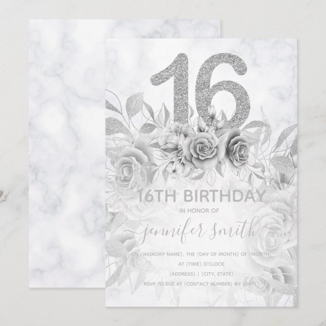 Invitation Doux 16e Parties scintillant de marbre floral Arge (Devant / Derrière)